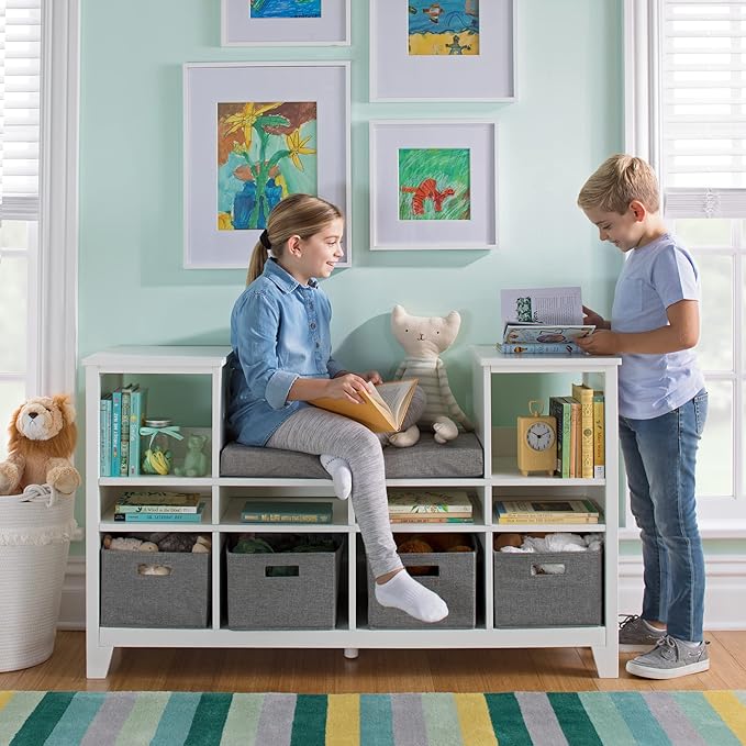 Martha Stewart Kids' Reading Nook - Linen White: Wooden Storage Bench Bookshelf Organizer with Seat Cushion, and Fabric Bins for Toys, Books, Art - Bedroom or Playroom Cubby