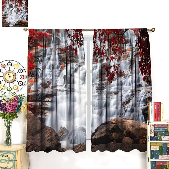 Waterfall Blackout Windows Curtains, Waterfall Red Forest Pattern Nature View Curtains, for Living Room Bedroom 55x63in 2 Panels