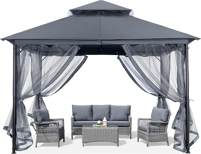 ABCCANOPY Outdoor Patio Gazebo 11x11 - Double Roof Canopy with Mosquito Netting for Backyard, Deck, Garden, Lawn, Dark Gray
