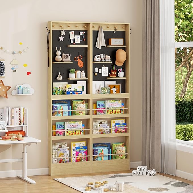 ELECWISH Kids Bookshelf, Behind The Door 70" Tall Bookcase with Open Display Shelves, Wall Mounted Space-Saving Narrow Book Shelf with Pegboard for Children's Study Living Room, Nursery