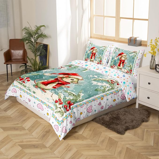 Feelyou Christmas Bedding Set Xmas Tree Snowflake Duvet Cover for Kids Boys Girls Cartoon Mouse Love Print Comforter Cover Cute Animal Bedspread Cover Bedroom Collection 3Pcs Full Size,No Comforter