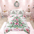 Feelyou Pink Christmas Comforter Set Toddler Size Xmas Tree Bedding Set for Kids Boys Girls Xmas Ornaments Duvet Quilt Snowflake Bow Bedroom Decor Microfiber 2 Pcs with 1 Pillow Cases