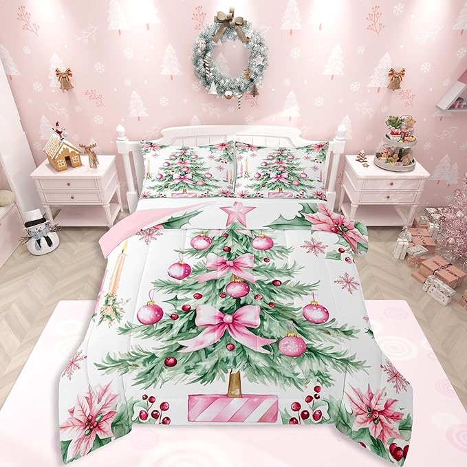 Feelyou Pink Christmas Comforter Set King Size Xmas Tree Bedding Set for Kids Boys Girls Xmas Ornaments Duvet Quilt Snowflake Bow Bedroom Decor Microfiber 3 Pcs with 2 Pillow Cases