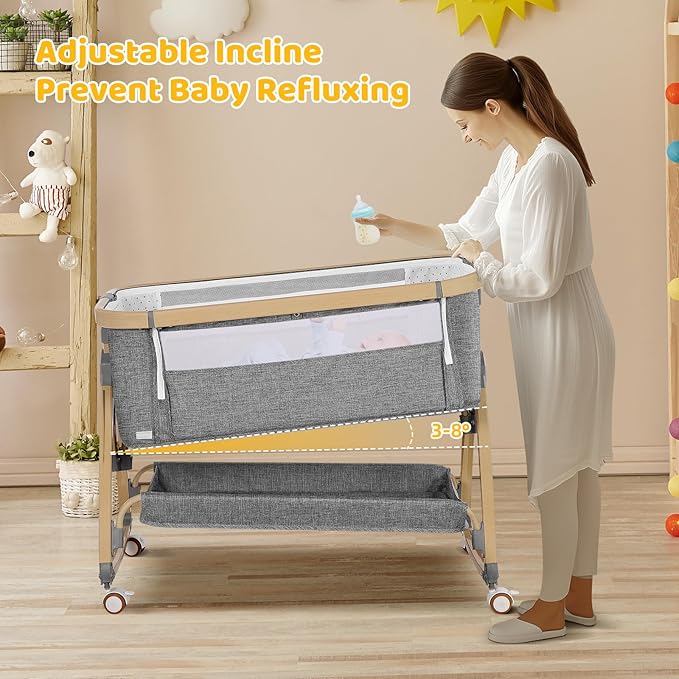 Bassinet Bedside Sleeper,Bedside Bassinet,Rocking Bassinet,3 in 1 Baby Bassinet with Mattress,Mobile,Mosquito Net,Storage Basket,6-Height Adjustable Portable Bassinet with Wheels for Newborn Infants