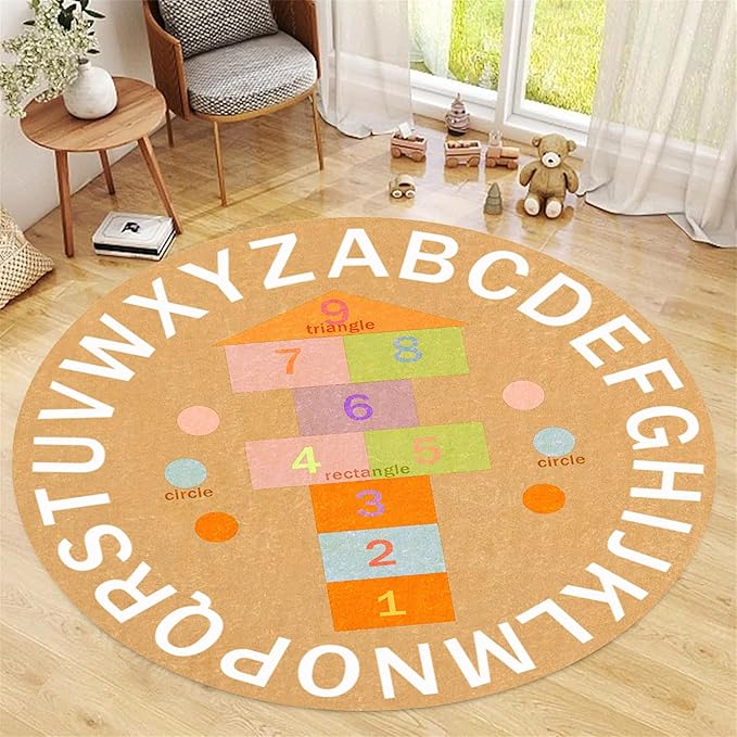 Children's Game Round Rug,4ft,ABC Alphabet Rug, Fun and Educational Hopscotchrug, Soft Non-Slip Children's Room Rug for Classroom, Nursery, Playroom, Playmat