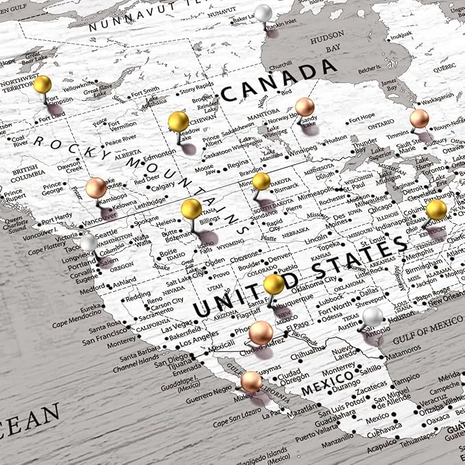 ElephantStock - Let's Travel II Push Pin World Map Wall Art - Horizontal Canvas Wall Art - Living Room Wall Decor - Digital Art Map Canvas Art - Gray And White Decor - 12" x 8"