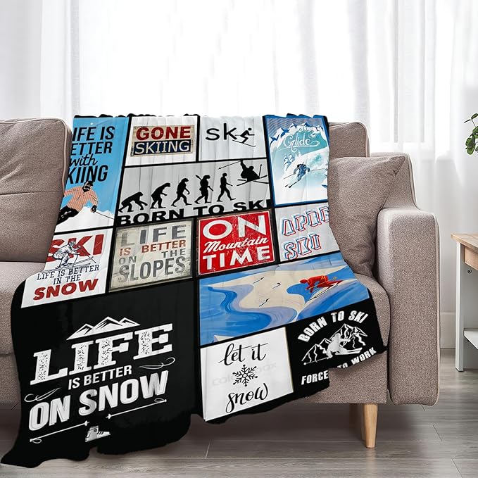 Tijuboni Ski Throw Blanket Skiing Gifts for Girls Boys Women Men Kids Adults Soft Flannel Fleece Blanket for Couch Sofa Bed Home Decor 60"x80"
