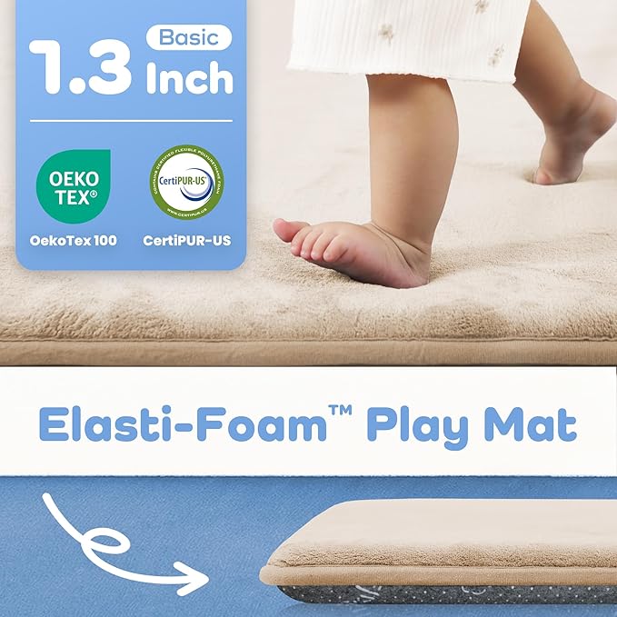 1.3" Thick Baby Floor Play Mat 79x158, Basic Padded Foam Mat for Tummy Time Crawling, Non Slip Cushioned for Babies Toddlers Infants Kids (Beige)