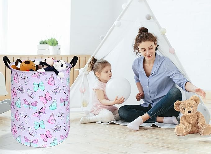 KUNRO Round Laundry Gift Basket Storage Hamper, Kids Toys and Clothes Storage Organizer Bins, Toy Shelf Basket with Handles for Room Decor (Purple Butterfly)