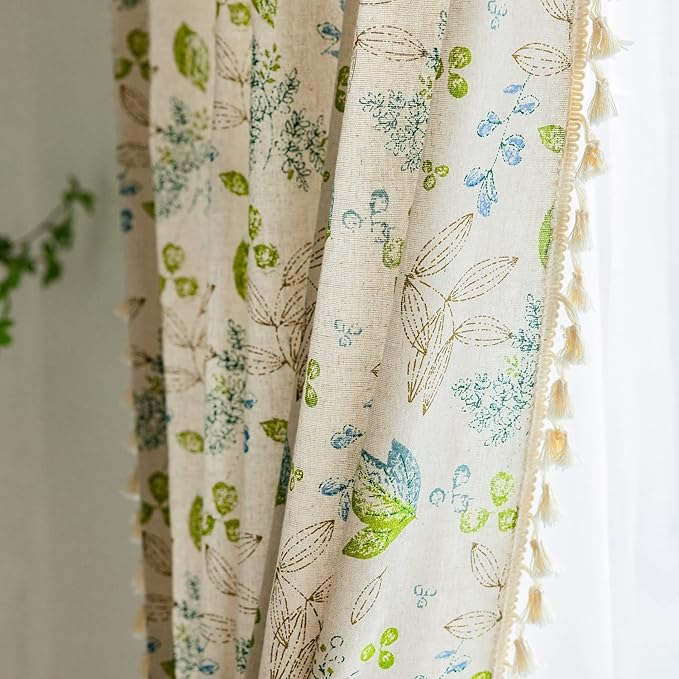 ENJOYBRIDAL Leaf Curtains 96 Inch Length 2 Panels Tassel Boho Semi Sheer Drapes Bedroom Living Room Farmhouse Floral Rustic Country Rod Pocket Cotton Linen Blend Window Curtain Panel