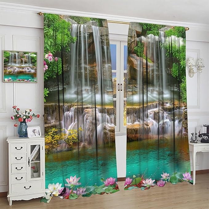 Waterfall Blackout Window Curtains, Rocky Waterfall to Pond Running Off Scenic Nature Themed Picture Print Window Drapes, for Living Room Bedroom 52x84in 2 Panels