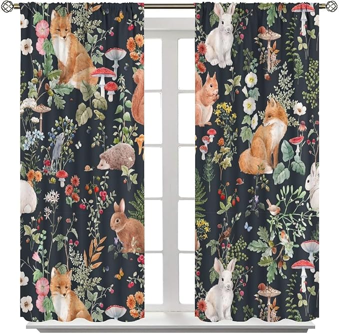 Animal Curtains, Watercolor Forest Animals Plants Pattern Blackout Window Treatments, Rod Pocket Thermal Insulated Drapes 2 Panel Sets for Bedroom Living Room, 63" W X 63" L