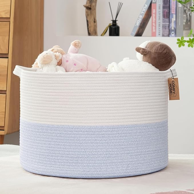 COMFY-HOMI XXXL Large Laundry Basket, Cotton Rope Nursery Woven Basket for Storage, Blanket Baskets Living Room Laundry Hamper, Dog Toy Storage Organizer, Home Decor-21''x21''x13.6''-White/Blue