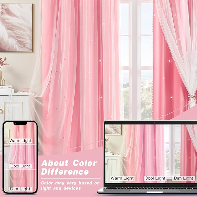 XiDi Pink Curtains with Sheer Overlay for Girls Bedroom 80% Blackout Double Layer Curtains for Nursery Kids Room Star Drapes with Tiebacks Room Darkening Grommet Window Treatment 2 Panels W34 X L63