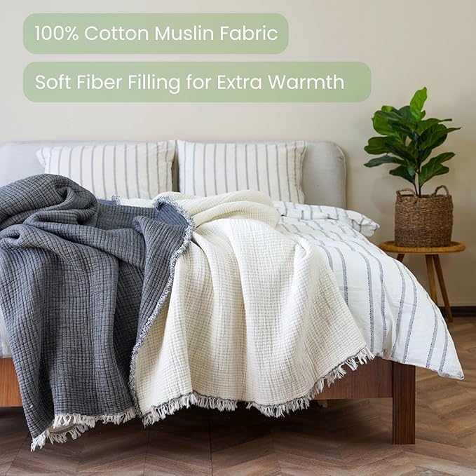 Cotton Muslin Blanket – Soft Muslin Comforter Quilt Made from Premium Muslin Fabric, Lightweight Breathable Cotton Quilt for All Seasons (Charcoal Gray, Twin)