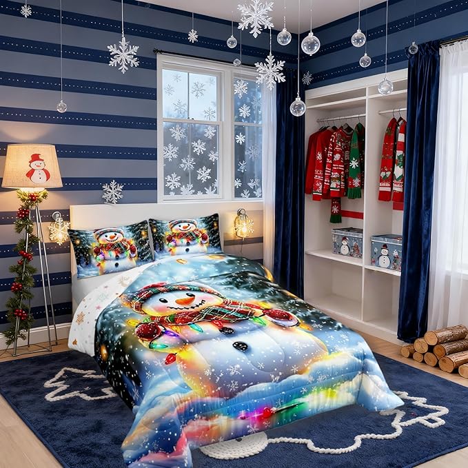 Lovely Snowman Kids Comforter Set Twin Size,Xmas Colorful Lanterns Snowflake Bedding Set Boys Girls Room Decor,Winter Merry Christmas Quilt Comforter,Rainbow Duvet Set Bedroom Quilt Set,1 Pillowcase