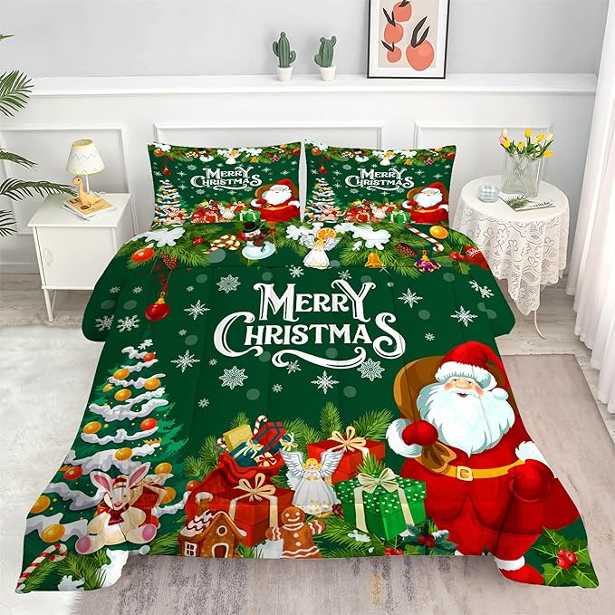Green Christmas Comforter Twin: Merry Xmas Santa Claus Bedding Set for Kids Teen Girls Boys Christmas Tree Gifts Quilts Holiday Decor Bed Set 1 Comforter & 1 Pillowcase