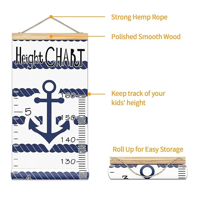 Kids Growth Chart Ruler for Wall Wood Frame Height Measure Chart 13.4x56 in Linen Hanging Height Growth Chart Anchor Blue and White Stripes Pattern Kids Room Decor