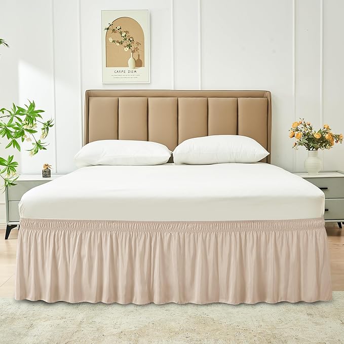 Biscaynebay Wrap Around Bed Skirts with Adjustable Belts for King & Cal King Beds 15" Drop, Sand Elastic Dust Ruffles Easy Fit Wrinkle Resistant Silky Fabric Machine Washable
