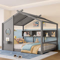 Merax Wood Floor House Bed with Storage Shelves, Full Size Low Day Bed with Headboard & Wood Slat Support, No Box Spring Needed, Gray