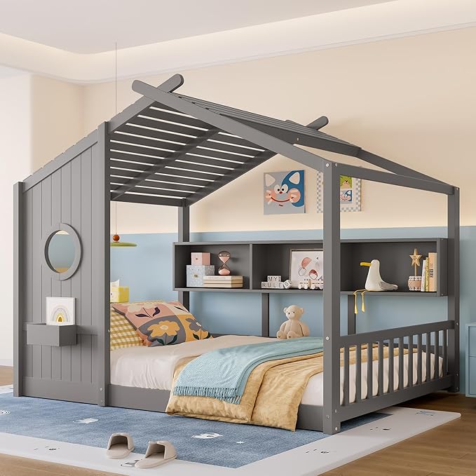 Merax Wood Floor House Bed with Storage Shelves, Full Size Low Day Bed with Headboard & Wood Slat Support, No Box Spring Needed, Gray