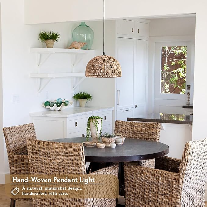 Hemp Rope Woven Pendant Light Woven Light Fixture Boho Chandelier Light Fixture Wicker Pendant Lights Rattan Lights Pendant Dome Wicker Chandelier for Dining Room Kitchen Island(Bulb Incl.