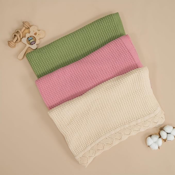 Baby Knit Blanket, 100% Cotton Waffle Patterns, Soft, Cozy, Lightweight Swaddle for Newborn & Infant Swaddling Beige Neutral, Perfect Baby Shower Ideas Mocha 30x40