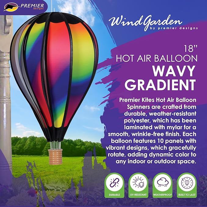 Hot Air Balloon Hanging Garden Spinner 18" - Vibrant Wavy Gradient Design, Weather-Resistant Outdoor Decor, Durable & Lightweight for Patios, Yards, and Gardens - Eye-Catching Wind Spinner