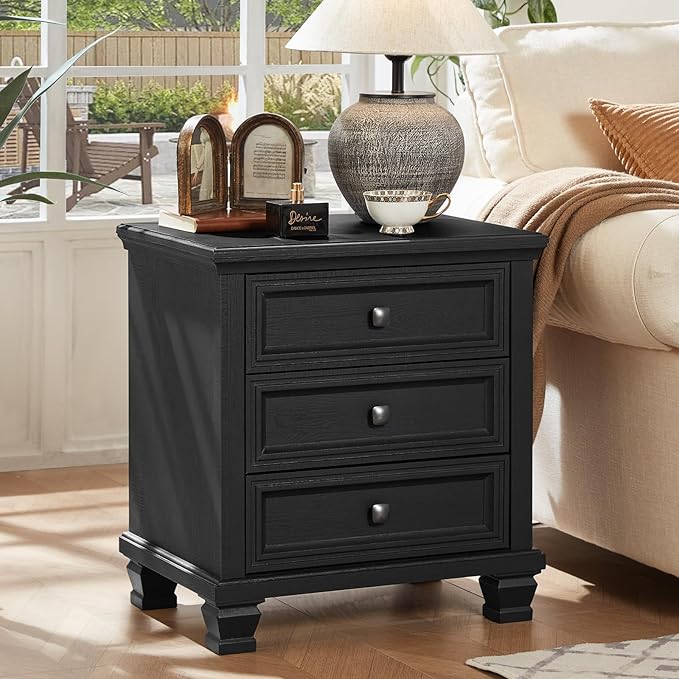 Farmhouse Bedroom Dresser and Nightstand Set of 4, 6 Drawer Tall & Low Dresser & 3 Drawer Nightstand Set with Wooden Legs, Rustic Wood Furniture Sets for Bedroom, Hallway, Black