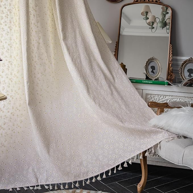 ENJOYBRIDAL Floral Curtains 96 Inch Length 2 Panels Tassel Drapes Rod Pocket Semi-Sheer Boho Daisy Bedroom Living Room Farmhouse Rustic Bohemian Window Curtain Panels