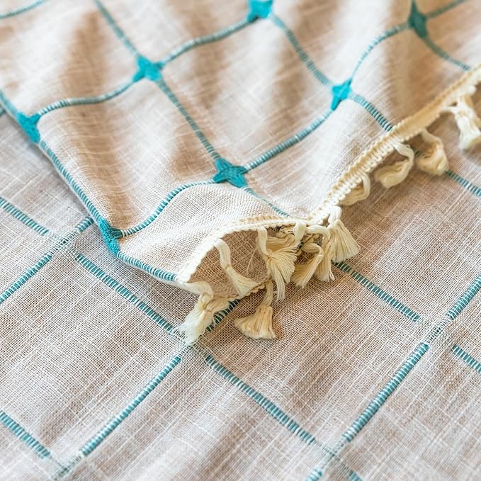 Deeprove Boho Curtains 96 Inches Long for Bedroom Living Room Nursery, Cotton Linen Plaids Beige Turquoise Teal Embroidery Bohemian Farmhouse Window Treatment Grids Drape Tassels, 1 Panel W52 x L96
