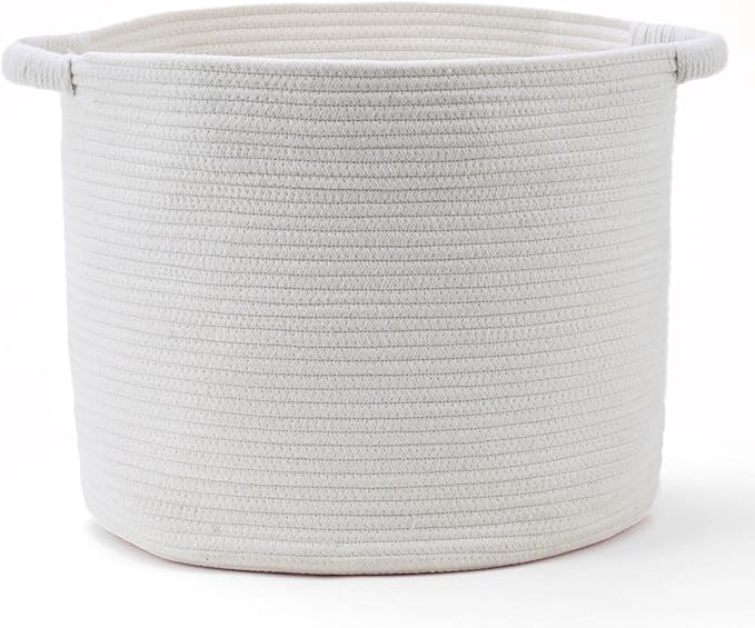 Blanket Basket - Woven Round Rope Storage Basket (16"Wx14"H) for Blankets & Throws, Small Laundry & Toy Organizer, Decorative Living Room & Bedroom Cotton Basket - All White