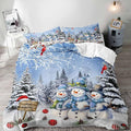 LUVIVIHOME 3PCS Snowman Duvet Cover Queen Bedding Set, Boys Girls Kids Bedding, Red Cardinal Bird Santa Hat Xmas Balls Christmas Tree Winter Holiday Light Blue Christmas Comforter Cover 2 Pillow Cases