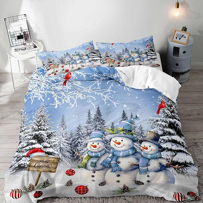 LUVIVIHOME 2PCS Snowman Duvet Cover Twin Bedding Sets, Boys Girls Kids Bedding, Red Cardinal Bird Santa Hat Xmas Balls Christmas Tree Winter Holiday Light Blue Christmas Comforter Cover, 1 Pillow Case