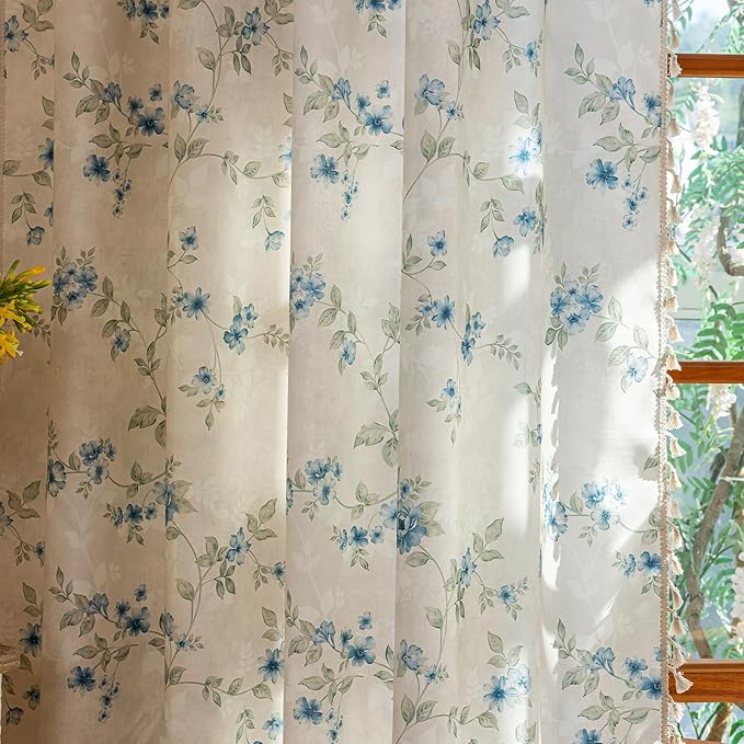 ENJOYBRIDAL Blue Floral Curtains 84 Inch Long Bedroom Cute Drapes Rod Pocket Boho Semi Sheer Rustic Window Curtain Panels Floor Length Living Room Farmhouse 2 Panels Vintage Window Treatments