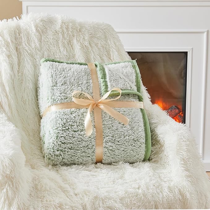 EMME Soft Sherpa Fleece Blanket Reversible Plush Fluffy Large Blanket, Light Weight Warm Decorative Boho Blanket Cover for Sofa, Couch, Bedroom,Travel(Plush Sage,90"x90")