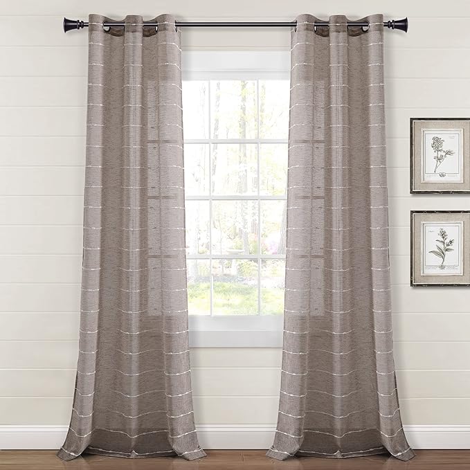 Lush Decor Farmhouse Textured Grommet Sheer Window Curtain Panel Pair, 38"W x 95"L, Brown