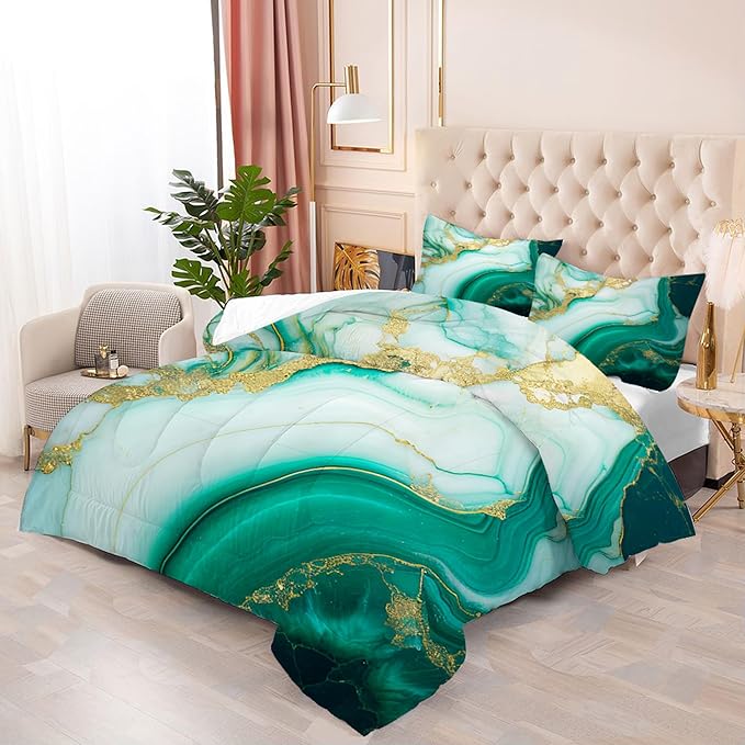 Comforter Set Green Marble: King Size Emerald Green Gold Glitter Bedding Set for Women Adult Girls Bedroom Abstract Turquoise Marbling Quilt Bed Sets 1 Comforter & 2 Pillowcases