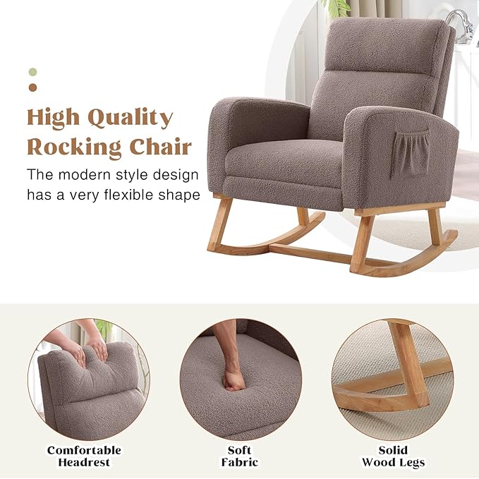 Rocking Chair Nursery with Foot Rest, Nursing Rocking Chairs for Mom Nursery, Teddy Rocker Glider with High Backrest for Living Room, Bedroom, Coffee
