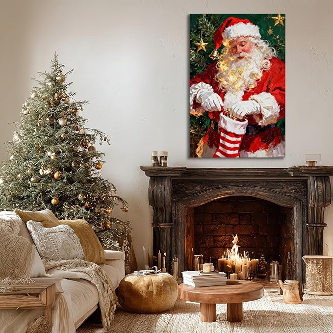YONICA Christmas Canvas Wall Art Stocking Santa 18x24 Inch Oil Painting Filling Christmas Sock - Large Framed Gallery Wrapped Family Tradition