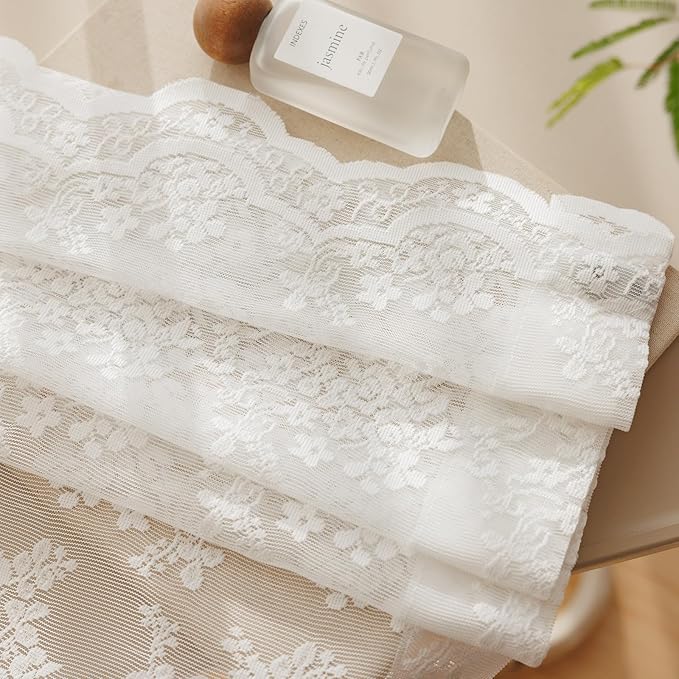 Anmao Vintage White Lace Curtains 84 Inches Long 2 Panels Set, Romantic Elegant Light Filtering Semi Sheer Floral Thick Lacy Curtain Drapes for Living Room and Bedroom, Each Panel 55W x 84L, Off White
