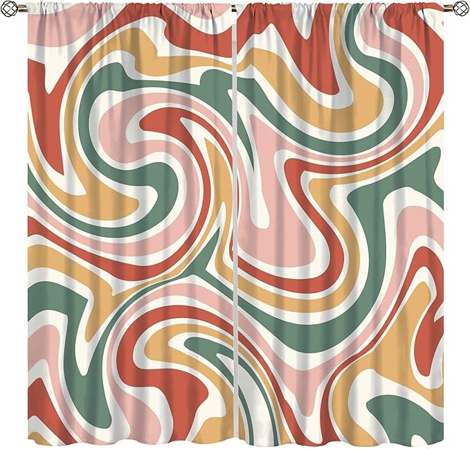 70S Abstract Wavy Swirl Curtain for Bedroom Windows,Retro Boho Minimal Teen Girls Kids Living Room Restroom Window Treatments Drapes 52"" W X 84"" L, Style-4