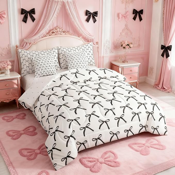 Manfei 7 Pieces Cartoon Bowknot Kids Comforter Full Size,Bow Tie Geometric Patchwork Modern Girls Bedding Set,Bow Butterfly Knot Black White（Comforter+Fitted+Flat+2 Pillowcases+2 Throw Pillow Covers）