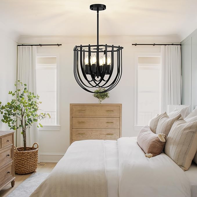 WJShome 6-Light Modern Farmhouse Chandelier, Black Dining Room Light Fixture, Hanging Pendant Lights Kitchen Island, Foyer Lighting Fixtures with Metal Frame, for Living Room, Bedroom, Entryway