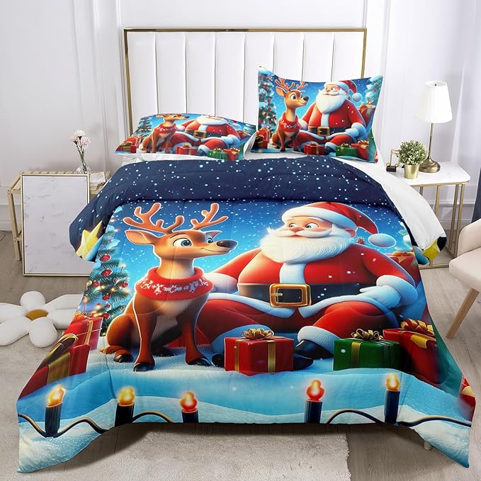Raphus cucullatus Christmas Bedding King,Christmas Comforter Set,Santa Claus Decor Holiday Bedding Winter Quilt,Santa Claus Comforter Set,Snowflake Navidad Quilt Set,Cute Reindeer Quilt