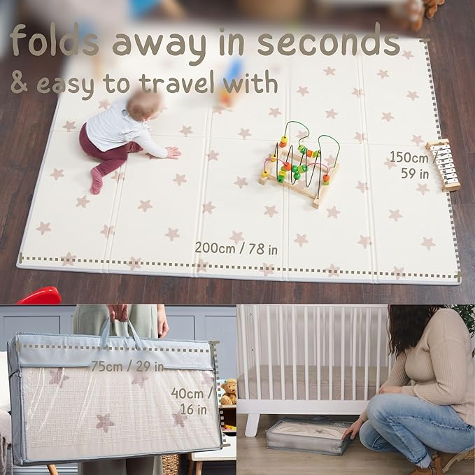 Baby Play Mat, Thick Foam Stars Design, Foldable Waterproof Mat for Crawling, Padded (79 x 59 Inches)