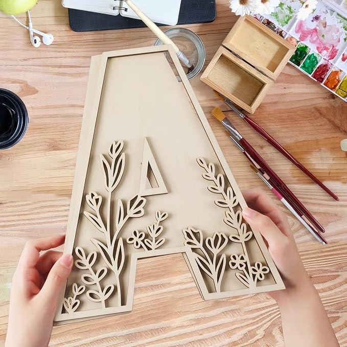 Layered 12 Inch Large Wooden Letters for Wall Decor, Flowered Paintable Wooden Nursery Letters for Crafts Wood Alphabet Letter P for Birthday Boho Nursery Name Sign Wedding Home Decoration