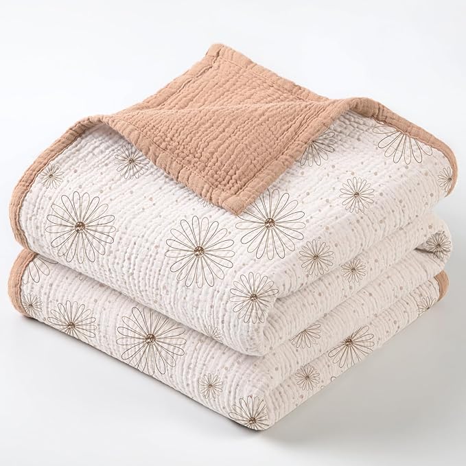 lulumoon Muslin Quilt Blanket, Crib Blanket for Baby and Toddler,47x47 Inches(Pink Daisy)