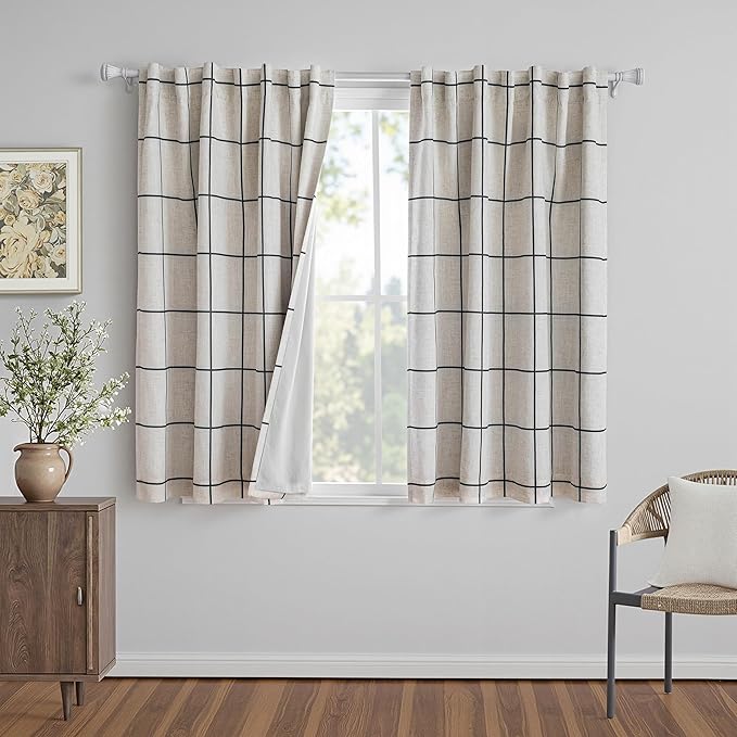 MYSKY HOME 100% Blackout Plaid Farmhouse Linen Curtains 54 Inch Long 2 Panels Set Double Layer Windowpane Drapes Thermal Insulated Privacy Protection Rod Pocket Back Tab, 52" W, Black