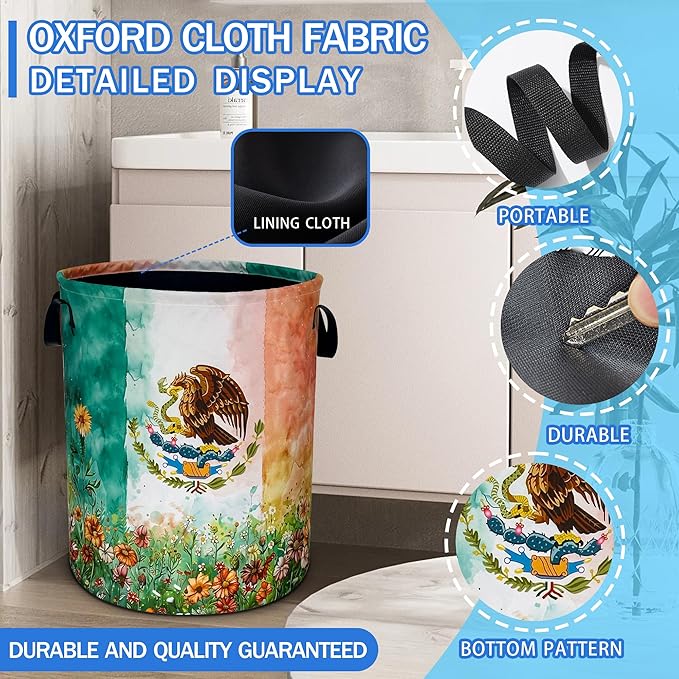 Mexico Flag Laundry Basket Mexican Flag Patriotic Oxford Cloth Laundry Hamper With Handle Foldable Portable Clothes Storage Basket 18.9 X 16.5 Inch Storage Bag For Laundry Room/Bathroom/Bedroom